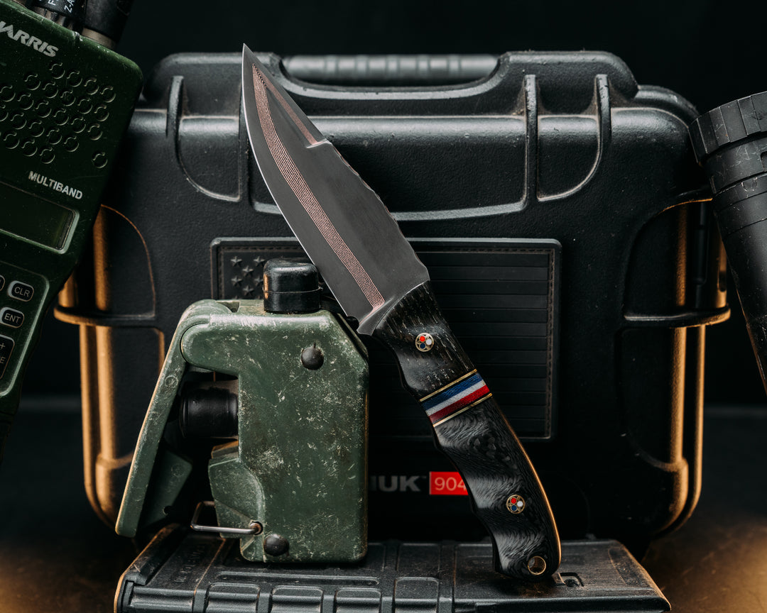 Disaster Crow Jr- Baker Forge DarkMai Coppermascus- Ancient Bog Oak, Black G10 and Brass Pin Striping, Americana Up Down G-Carta Split, Carbon Fiber, Patriot Mosaic Pins, Brass Lanyard Pin, Textured Grip