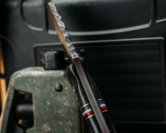 Disaster Crow Jr- Baker Forge DarkMai Coppermascus- Ancient Bog Oak, Black G10 and Brass Pin Striping, Americana Up Down G-Carta Split, Carbon Fiber, Patriot Mosaic Pins, Brass Lanyard Pin, Textured Grip