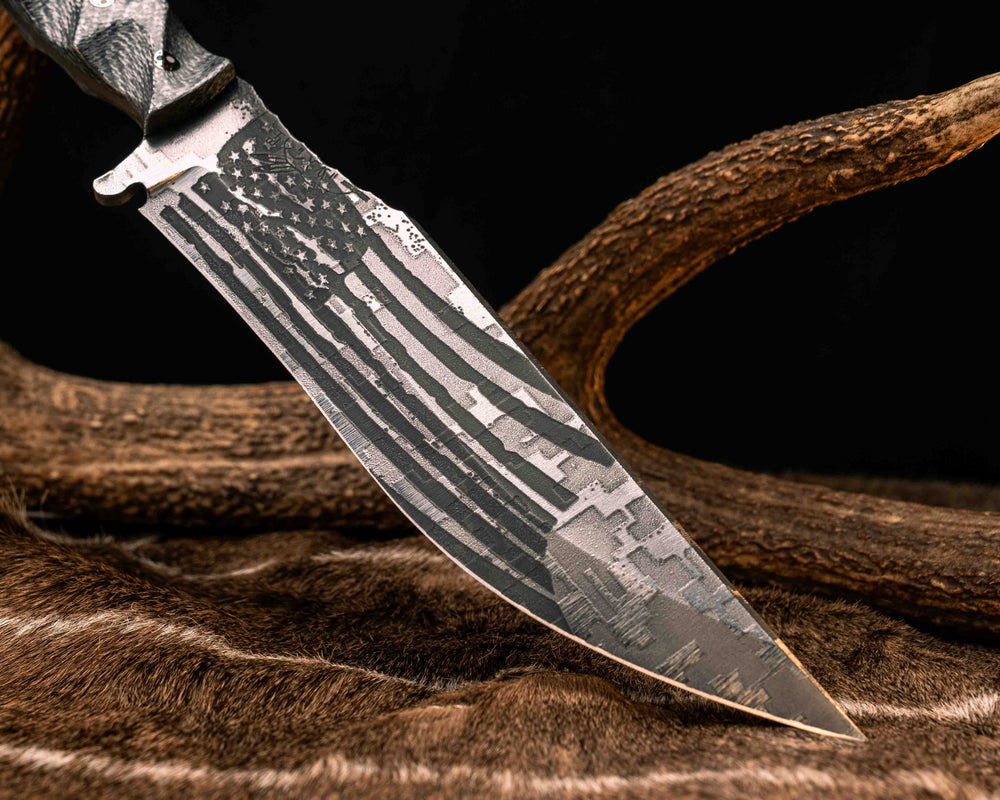 American Bowie- Silver Carbon, Patriot Mosaic Pins, Digi Camo and American Flag Acid Etch, Textured Grip