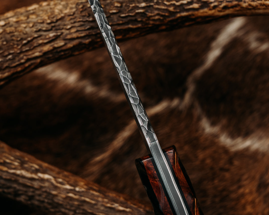 Cav Jr- Baker Forge Matrix Stainless Damascus- Bison Horn Over Amboyna, Mosaic Pins, Aluminum Lanyard Pin, Textured Grip