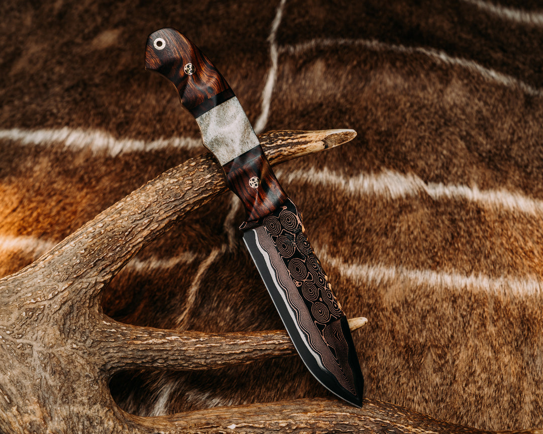 Disaster Breacher- Baker Forge Raindrop CopperMai Ni-Shim- Desert Ironwood, Black G10 Pin Striping, Desert Ironwood and Elk Antler Split, Mosaic Pins, Brass Lanyard Pin, Textured Grip