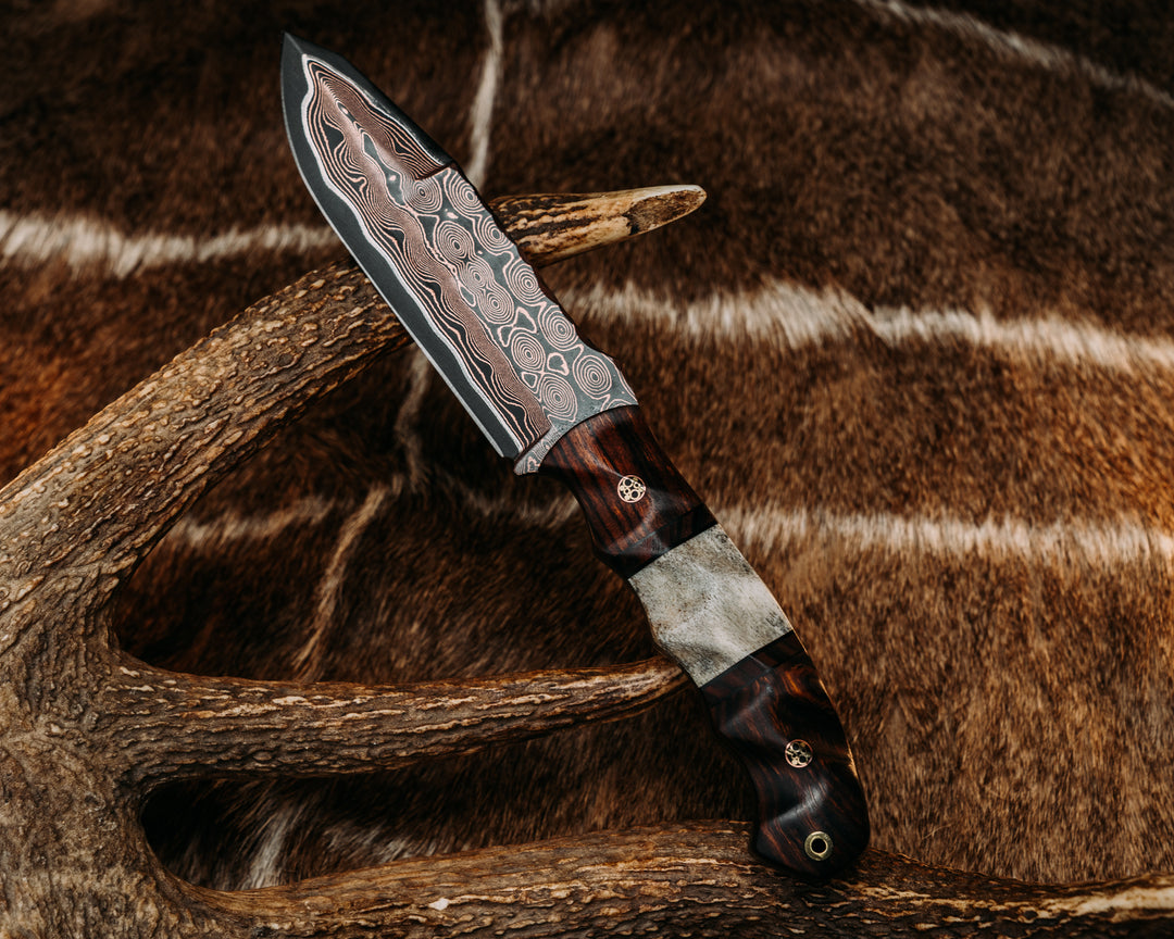 Disaster Breacher- Baker Forge Raindrop CopperMai Ni-Shim- Desert Ironwood, Black G10 Pin Striping, Desert Ironwood and Elk Antler Split, Mosaic Pins, Brass Lanyard Pin, Textured Grip