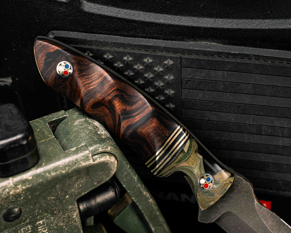 One Off- Loose Layered Navy S.E.A.L AOR2 Cammie Micarta, Black G10 and Brass Split, Desert Ironwood, Patriot Mosaic Pins, Textured Grip