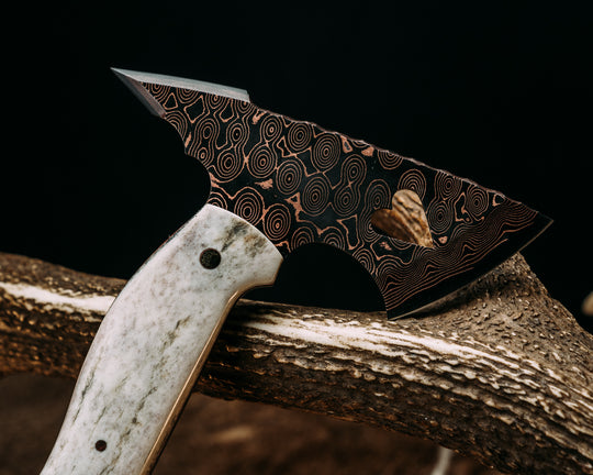 Bleeding Heart Hawk- Baker Forge Raindrop CopperMai- Elk Antler, Black G10 and Copper Pin Striping, Arizona Jade Tru-stone Split, Black Palm. Mosaic Pins, 1/8" Copper Pin, Textured Grip