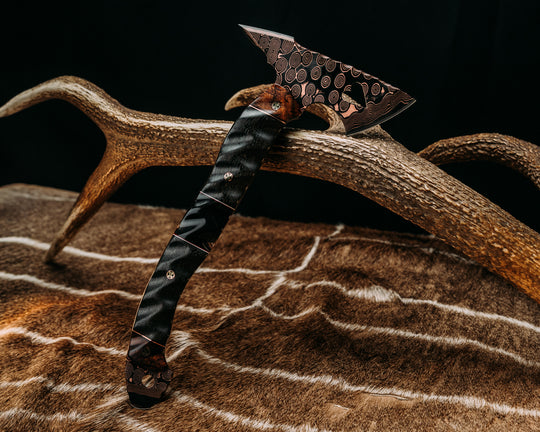 Bleeding Heart Hawk- Baker Forge Raindrop CopperMai- Hawaiian Curly Koa, Black G10 and Brass Pin Striping, Ancient Bog Oak and Bison Horn Split, Mosaic Pins, Textured Grip