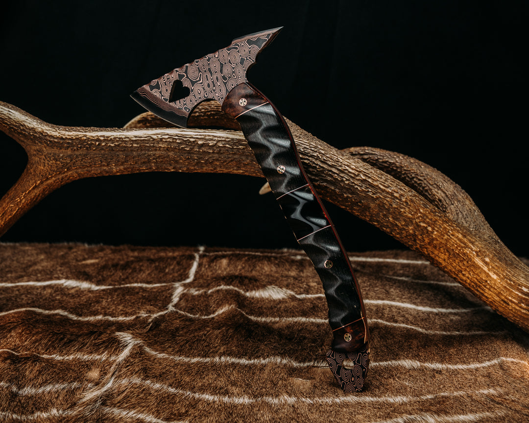 Bleeding Heart Hawk- Baker Forge Raindrop CopperMai- Hawaiian Curly Koa, Black G10 and Brass Pin Striping, Ancient Bog Oak and Bison Horn Split, Mosaic Pins, Textured Grip