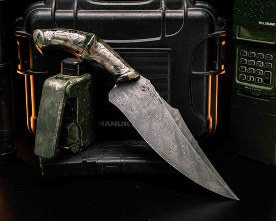 Recurve Fighter- Dire Pacific Forged Damascus- Seth Lopez Navy S.E.A.L CRYE Multicam Loose Layered Micarta, 1/8" Patriot Mosaic Pins, Tapered Tang, Contoured Handle