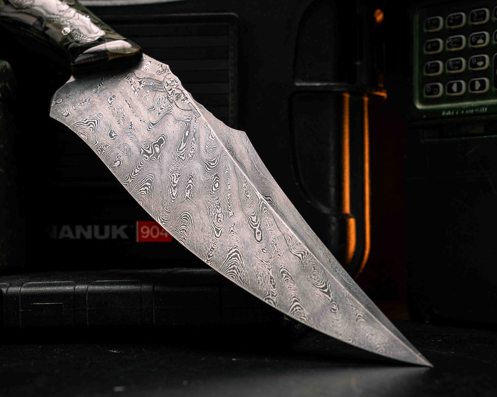 Recurve Fighter- Dire Pacific Forged Damascus- Seth Lopez Navy S.E.A.L CRYE Multicam Loose Layered Micarta, 1/8" Patriot Mosaic Pins, Tapered Tang, Contoured Handle