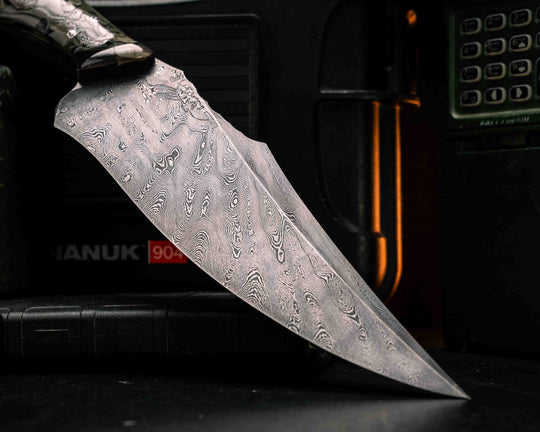 Recurve Fighter- Dire Pacific Forged Damascus- Seth Lopez Navy S.E.A.L CRYE Multicam Loose Layered Micarta, 1/8" Patriot Mosaic Pins, Tapered Tang, Contoured Handle