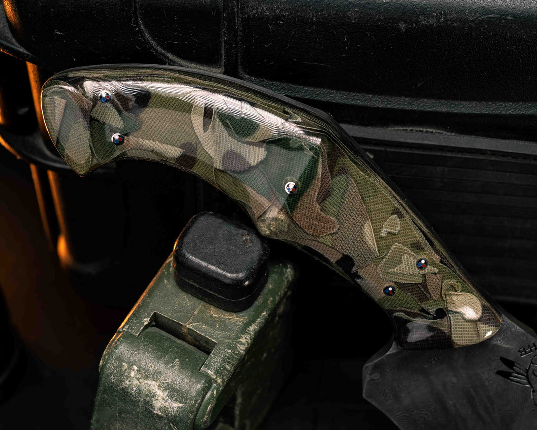 Recurve Fighter- Dire Pacific Forged Damascus- Seth Lopez Navy S.E.A.L CRYE Multicam Loose Layered Micarta, 1/8" Patriot Mosaic Pins, Tapered Tang, Contoured Handle