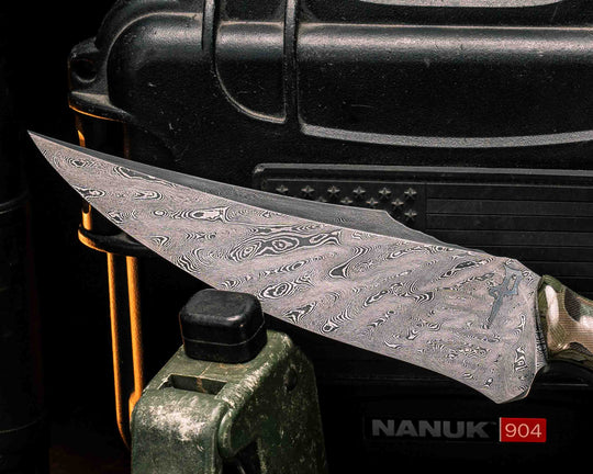 Recurve Fighter- Dire Pacific Forged Damascus- Seth Lopez Navy S.E.A.L CRYE Multicam Loose Layered Micarta, 1/8" Patriot Mosaic Pins, Tapered Tang, Contoured Handle