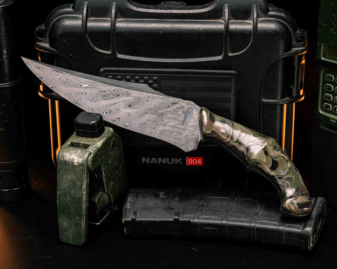 Recurve Fighter- Dire Pacific Forged Damascus- Seth Lopez Navy S.E.A.L CRYE Multicam Loose Layered Micarta, 1/8" Patriot Mosaic Pins, Tapered Tang, Contoured Handle