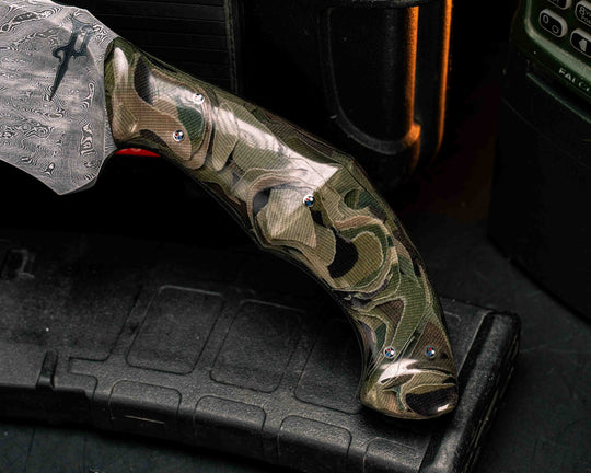 Recurve Fighter- Dire Pacific Forged Damascus- Seth Lopez Navy S.E.A.L CRYE Multicam Loose Layered Micarta, 1/8" Patriot Mosaic Pins, Tapered Tang, Contoured Handle