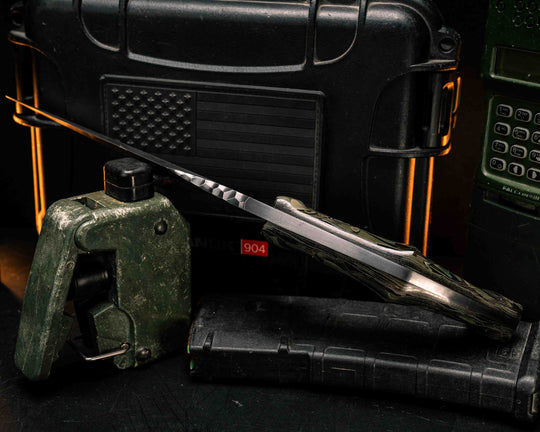 Recurve Fighter- Dire Pacific Forged Damascus- Seth Lopez Navy S.E.A.L CRYE Multicam Loose Layered Micarta, 1/8" Patriot Mosaic Pins, Tapered Tang, Contoured Handle