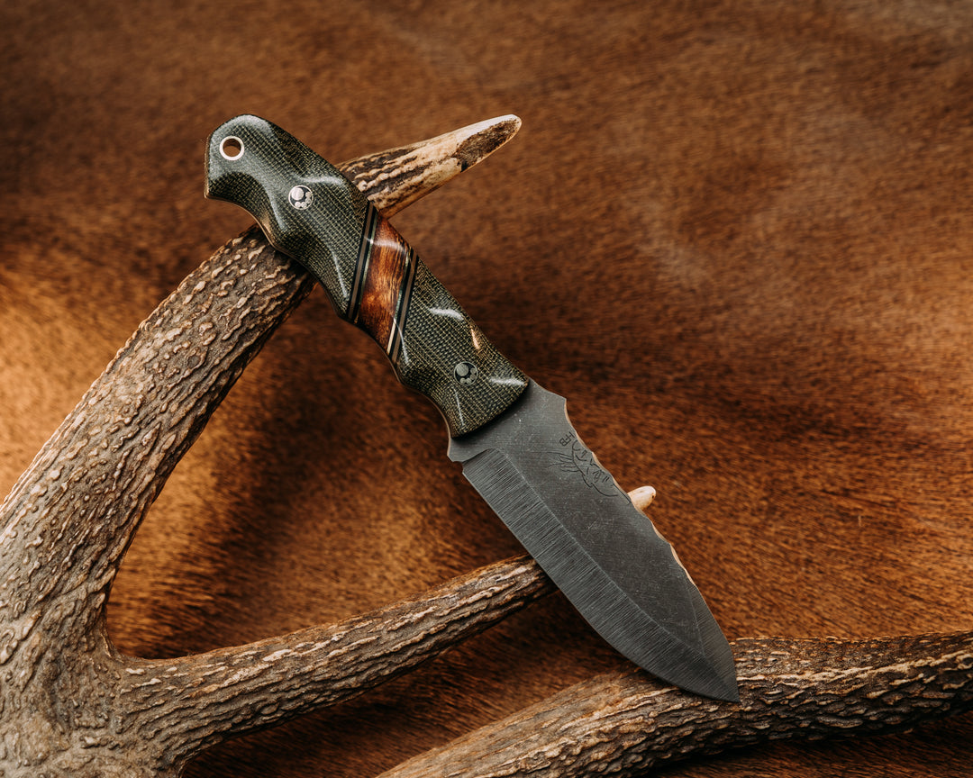 Disaster Jr - OD Green Canvas Micarta, Balck & Coyote G10, Brass Pin Striping, Desert Ironwood Splits, Mosaic Pins, Brass Lanyard Pin.