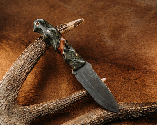 Disaster Jr - OD Green Canvas Micarta, Balck & Coyote G10, Brass Pin Striping, Desert Ironwood Splits, Mosaic Pins, Brass Lanyard Pin.