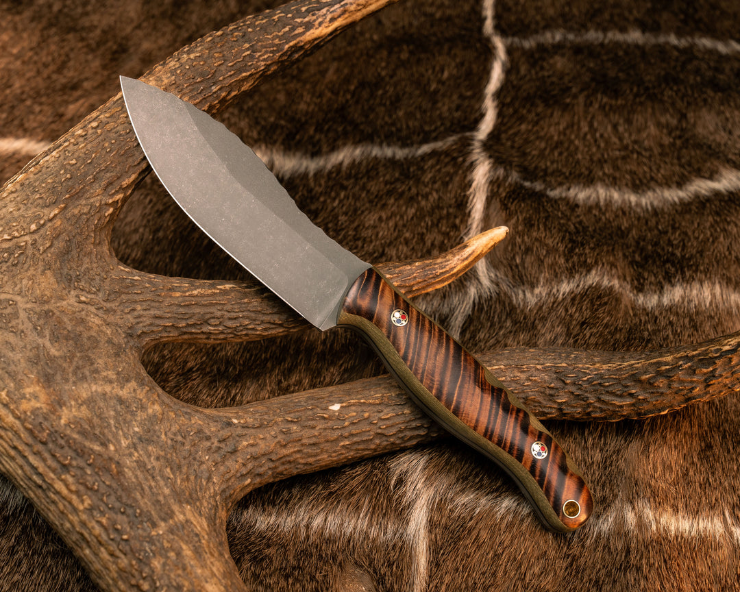Hunter Skinner- Hawaiian Curly Koa Over OD Green Canvas Micarta, Patriot Mosaic Pins, Brass Lanyard Pin, Textured Grip