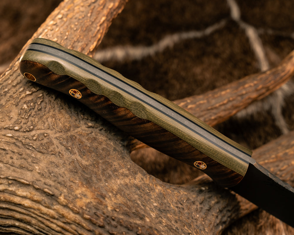 Hunter Skinner- Hawaiian Curly Koa Over OD Green Canvas Micarta, Patriot Mosaic Pins, Brass Lanyard Pin, Textured Grip