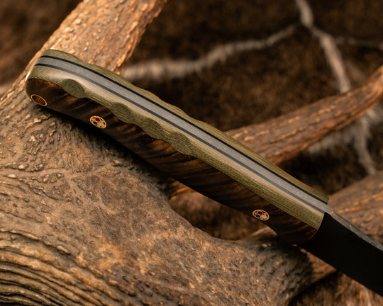 Hunter Skinner- Hawaiian Curly Koa Over OD Green Canvas Micarta, Patriot Mosaic Pins, Brass Lanyard Pin, Textured Grip
