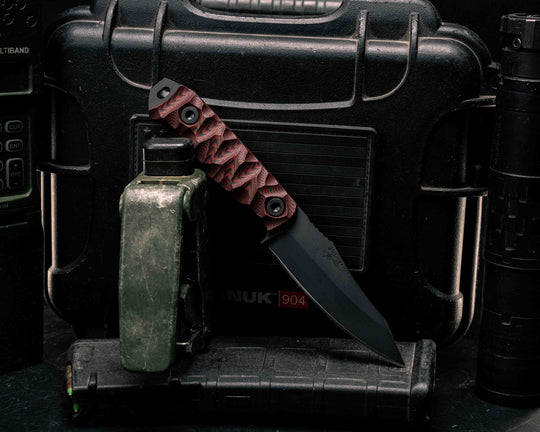 Field Knife Jr- Red and Black G10, Armor Black Cerakote, Allen Bolts, Textured Grip