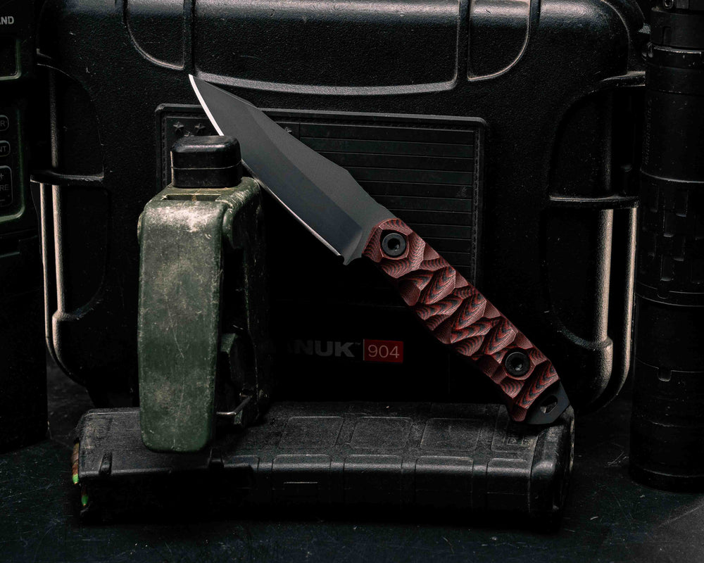 Field Knife Jr- Red and Black G10, Armor Black Cerakote, Allen Bolts, Textured Grip