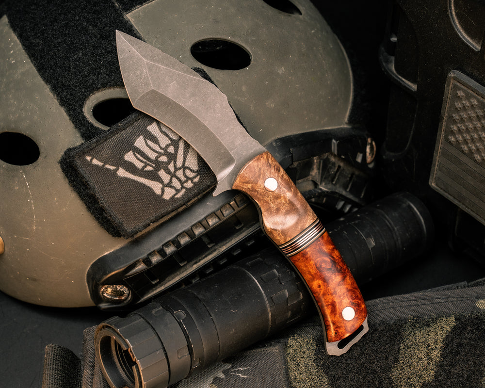 Buteo- Maple, Black G10, Coyote G10, White G10 and Copper Split, Amboyna Burl, Copper Pins, Textured Grip