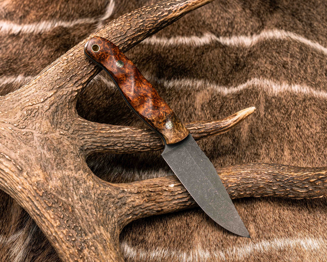 Crow Scalper- Lion's Blood Amboyna, Mosaic Pins, Brass Lanyard Pin, Textured Grip