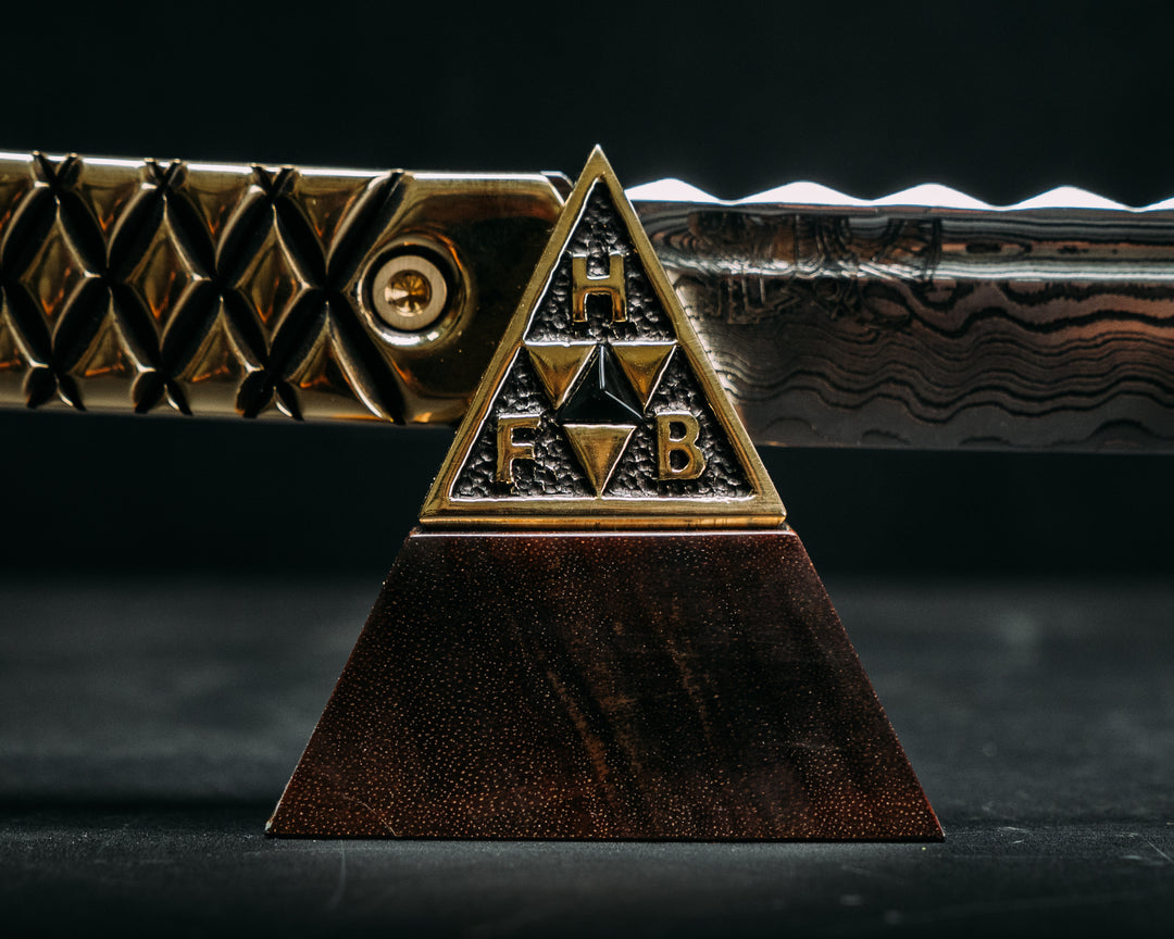 Katana - Baker Forge Matrix Stainless Steel Damascus - Hand Carved & Shaped Solid Brass, Brass Allen Bolts, Textured Grip w/ Stand, Hawaiian Curly Koa with Solid Brass Cap & Obsidian Stone Inlay