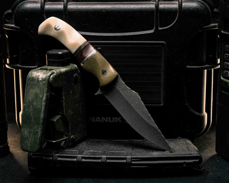 Tosahwi- OD Green Canvas Micarta, OD Green G10, Aluminum and Copper Pin Striping, Desert Ironwood Split, Giraffe Bone, Mosaic Pins, Textured Grip