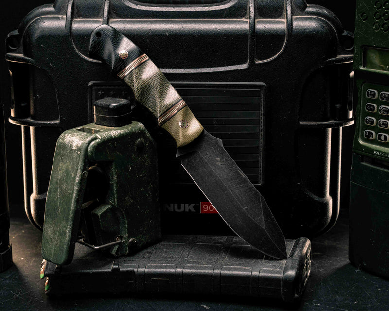 Disaster Jr - Olive Green Canvas Micarta, Black G10, Copper, OD Green G10 and White G10 Pin Striping, OD Green Canvas Micarta Split, Black Canvas Micarta, Mosaic Pins, CF Lanyard Pin, Textured Grip