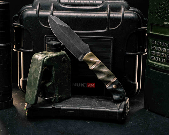 Disaster Jr - Olive Green Canvas Micarta, Black G10, Copper, OD Green G10 and White G10 Pin Striping, OD Green Canvas Micarta Split, Black Canvas Micarta, Mosaic Pins, CF Lanyard Pin, Textured Grip