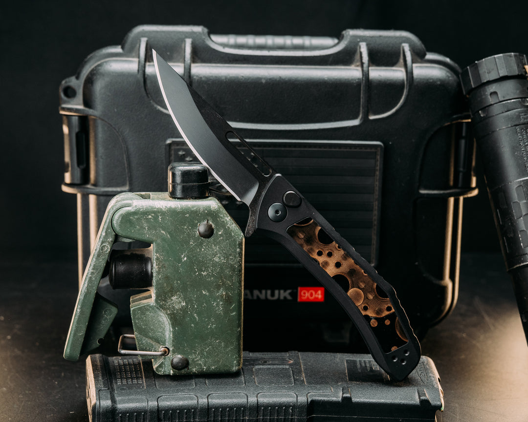 HFB x Kinetic AR Grip System + Custom Kwaiken Folder Bundle - Raffir Noble Curly Bronze, Brass Allen Bolts, Black Cerakote Frames, Snake Textured Grip