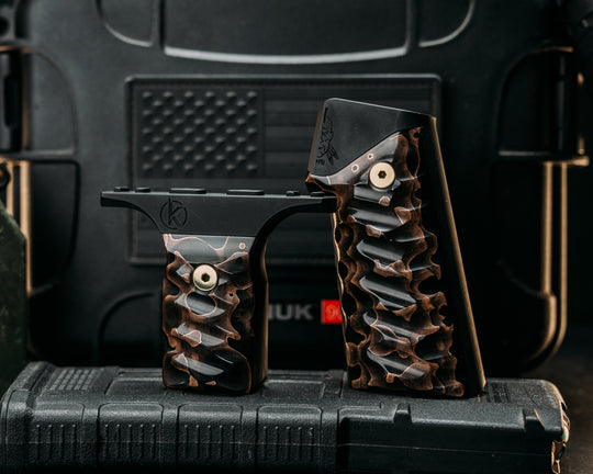 HFB x Kinetic AR Grip System + Custom Kwaiken Folder Bundle - Raffir Noble Curly Bronze, Brass Allen Bolts, Black Cerakote Frames, Snake Textured Grip