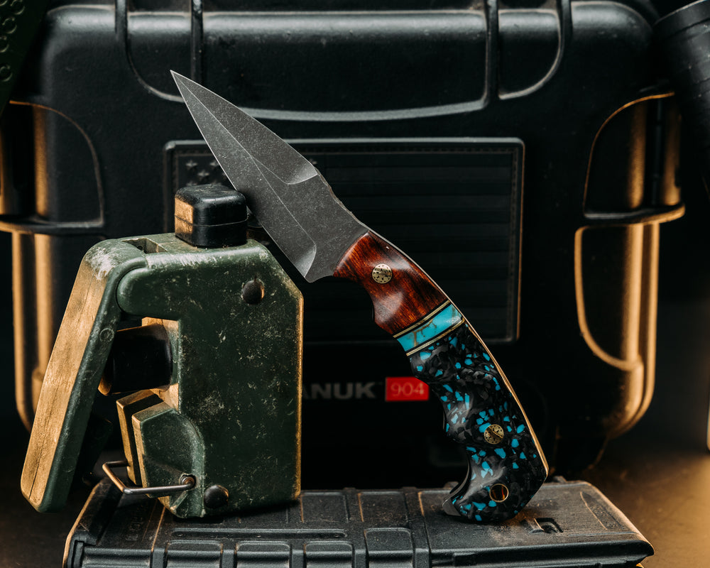 3" HUMINT - Desert Ironwood, Black G10 & Brass Pin Striping, Turquoise w/ Brass Web, Turquoise RockyWaves Carbon Fiber, Mosaic Pins, Brass lanyard Pin.