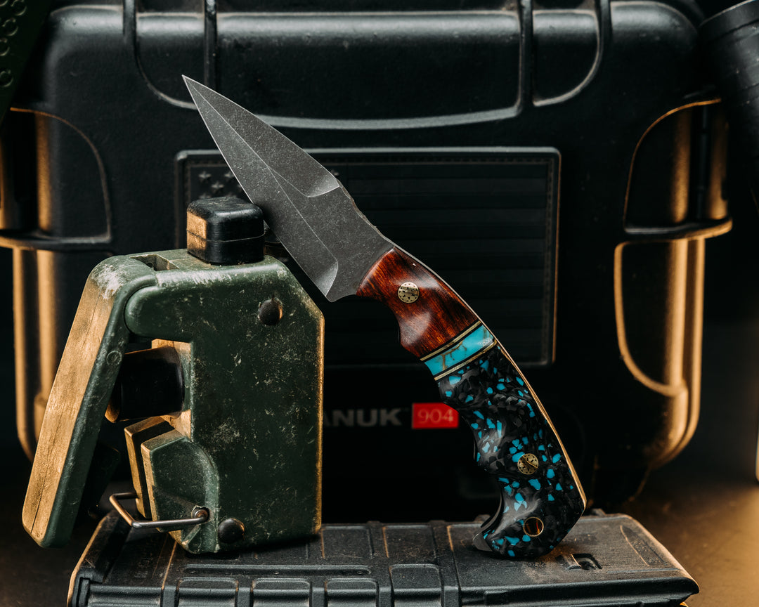 3" HUMINT - Desert Ironwood, Black G10 & Brass Pin Striping, Turquoise w/ Brass Web, Turquoise RockyWaves Carbon Fiber, Mosaic Pins, Brass lanyard Pin.