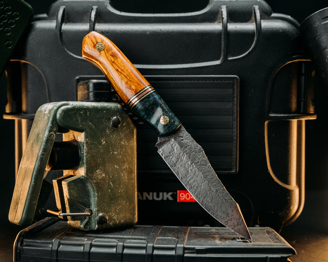 Field Knife Jr- Dyed Black Ash, Black G10 Pin Striping, Brass & Copper Splits, Desert Ironwood, Mosaic Pins, Smooth Grip.