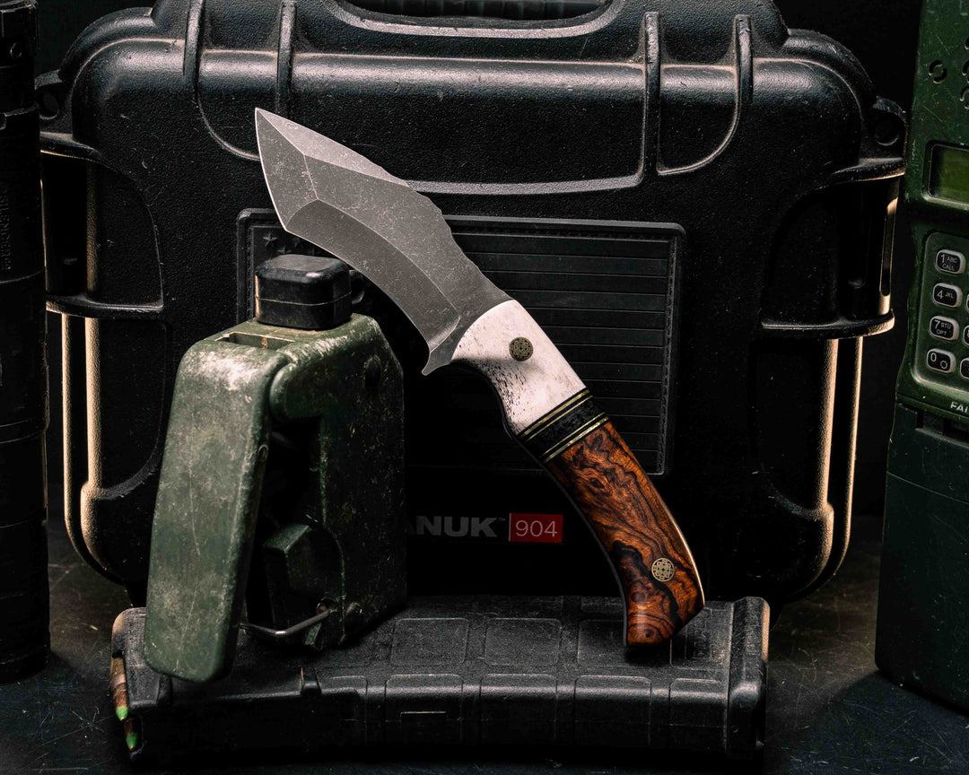 Buteo- Elk Antler, Black G10 and Brass Pin Striping, Black Canvas Micarta Split, Desert Ironwood, Mosaic Pins, Textured Grip