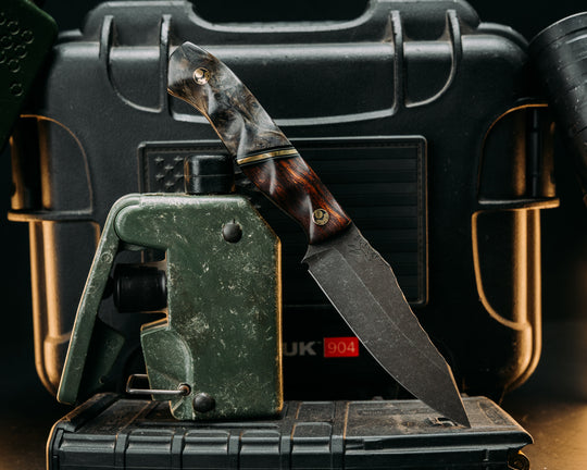 Field Knife Jr - Desert Ironwood, Black & Gray G10 Pin Striping, Brass Split, Dyed Redwood, Mosaic Pins, Textured Grip.