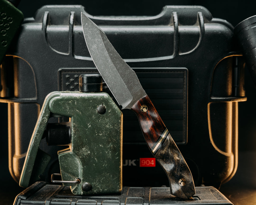 Field Knife Jr - Desert Ironwood, Black & Gray G10 Pin Striping, Brass Split, Dyed Redwood, Mosaic Pins, Textured Grip.