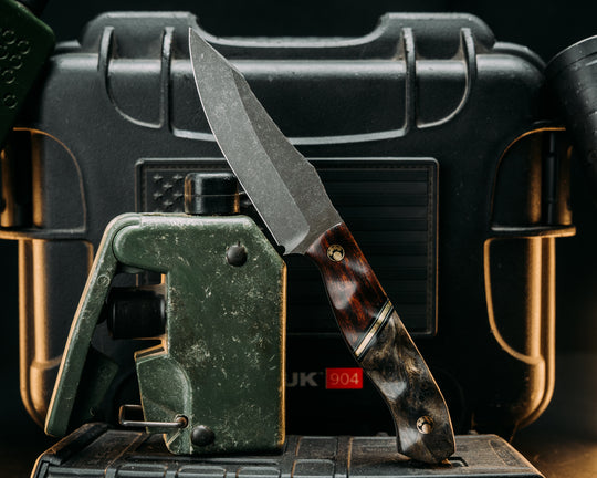 Field Knife Jr - Desert Ironwood, Black & Gray G10 Pin Striping, Brass Split, Dyed Redwood, Mosaic Pins, Textured Grip.