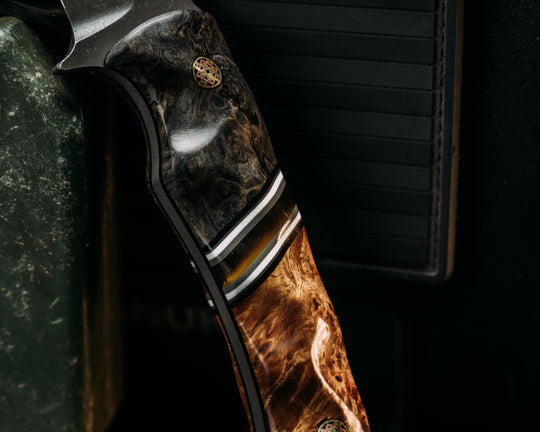 Ishi - Dyed Redwood, Black, Gray & White G10, Amber w/ Specks Recon Stone, Amboyna, Mosaic Pins, Textured Grip.