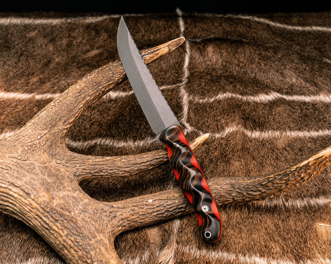 Crow Breakdown- Hawaiian Curly Koa Over Fire Canvas Micarta, Mosaic Pins, Aluminum Lanyard Pin, Textured Grip