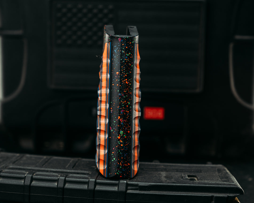 HFB x Kinetic AR Grip- Black, Blue, Purple, & Orange G10, 80's RAD Splatter Cerakote Frame, Snake Textured Grip
