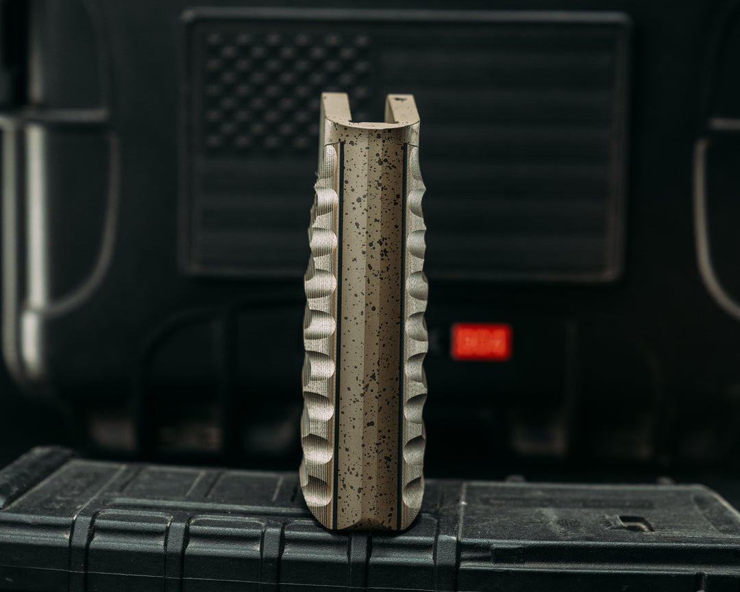 HFB x Kinetic AR Grip- Layered Black and Coyote G10, OD Green w/ Black Splatter Cerakote Frame, Snake Grip