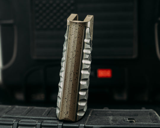 HFB x Kinetic AR Grip- Layered Black and Grey G10 Over OD Green and Black G10, OD Green w/ Black Splatter Cerakote Frame, Snake Grip