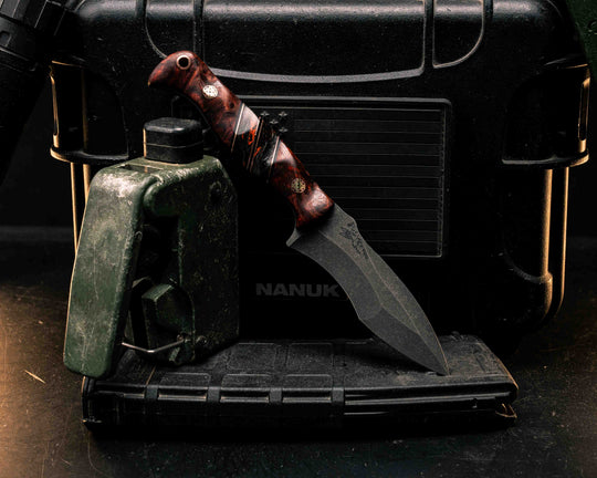 Extremis MK1- Dyed Amboyna, Black G10 and Copper Pin Striping, Orange Dark Matter Carbon Split, Mosaic Pins, Copper Lanyard Pin, Textured Grip