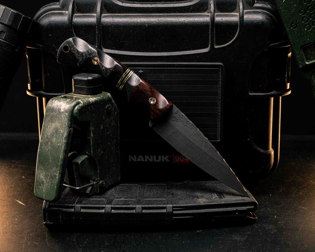Prometheus- Snakewood, Carbon Fiber, Brass, Black G10 and Snakewood Split, Carbon Fiber, Patriot Mosaic Pins, Brass Lanyard Pin, Textured Grip