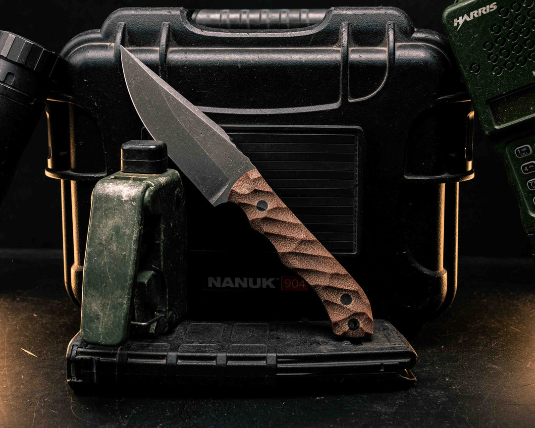 Red Crow- Brown Canvas Micarta, CF Pins, CF Lanyard Pin, Textured Grip ...