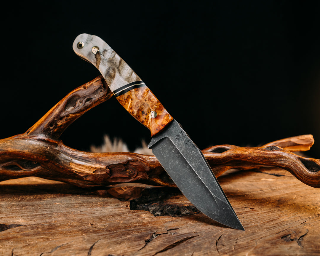 Crow Jr (Compound Grind)- Amboyna Burl, Black G10 and Brass Split, Elk Antler, Mosaic Pins, Brass Lanyard Pin, Textured Grip