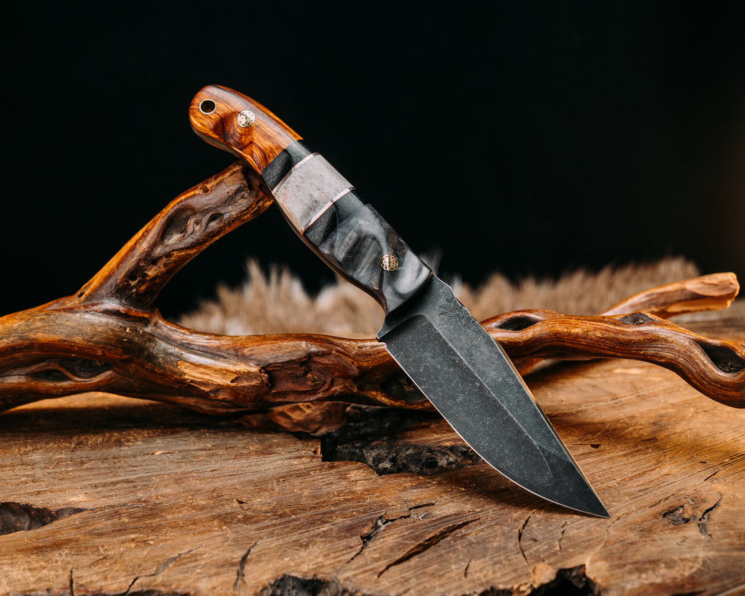 Crow Jr (Compound Grind)- Dyed Maple, Black Canvas Micarta, Copper, Aluminum and Elk antler Split, Desert Ironwood, Mosaic Pins, Brass Lanyard Pin, Textured Grip
